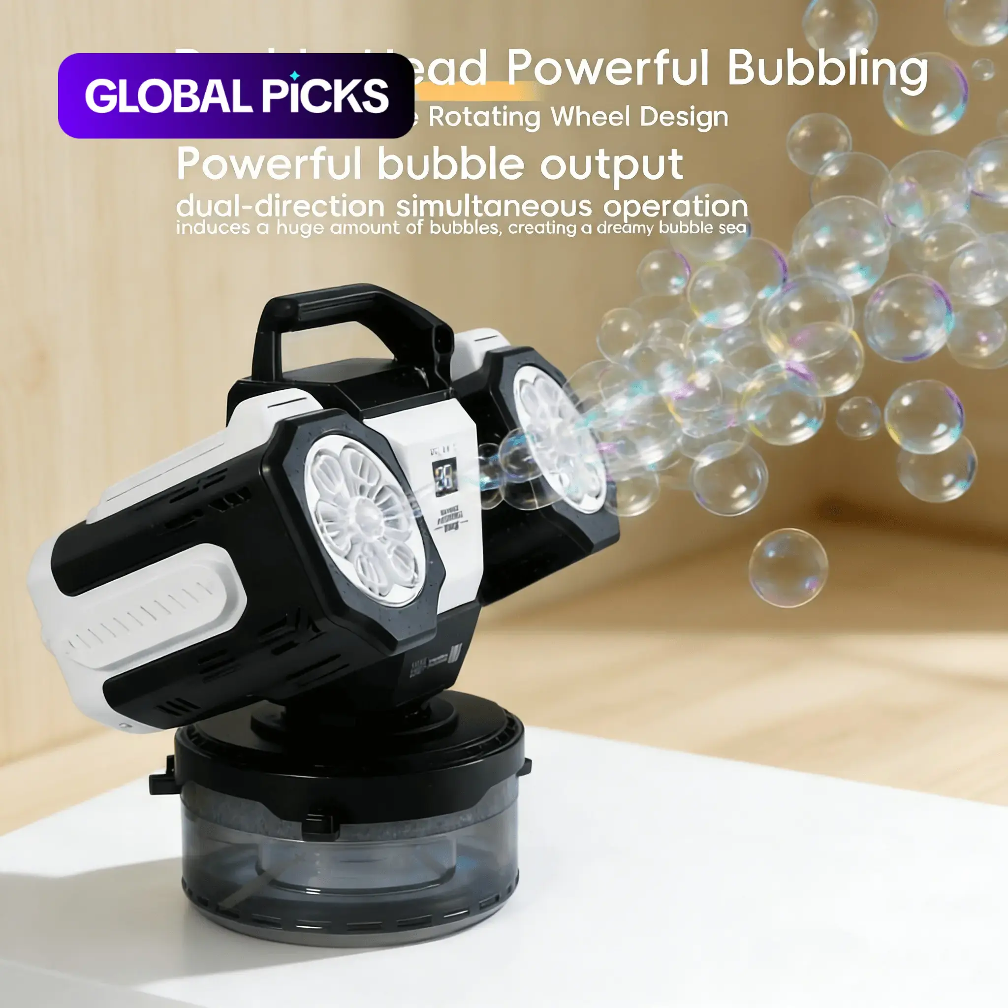 Automatic Dual Bubble Machine, Remote Charging, RGB Atmosphere Light, 360° Rotating, Includes 50ML Concentrate, Wedding Party Outdoor Use, Automatic Bubble Blower