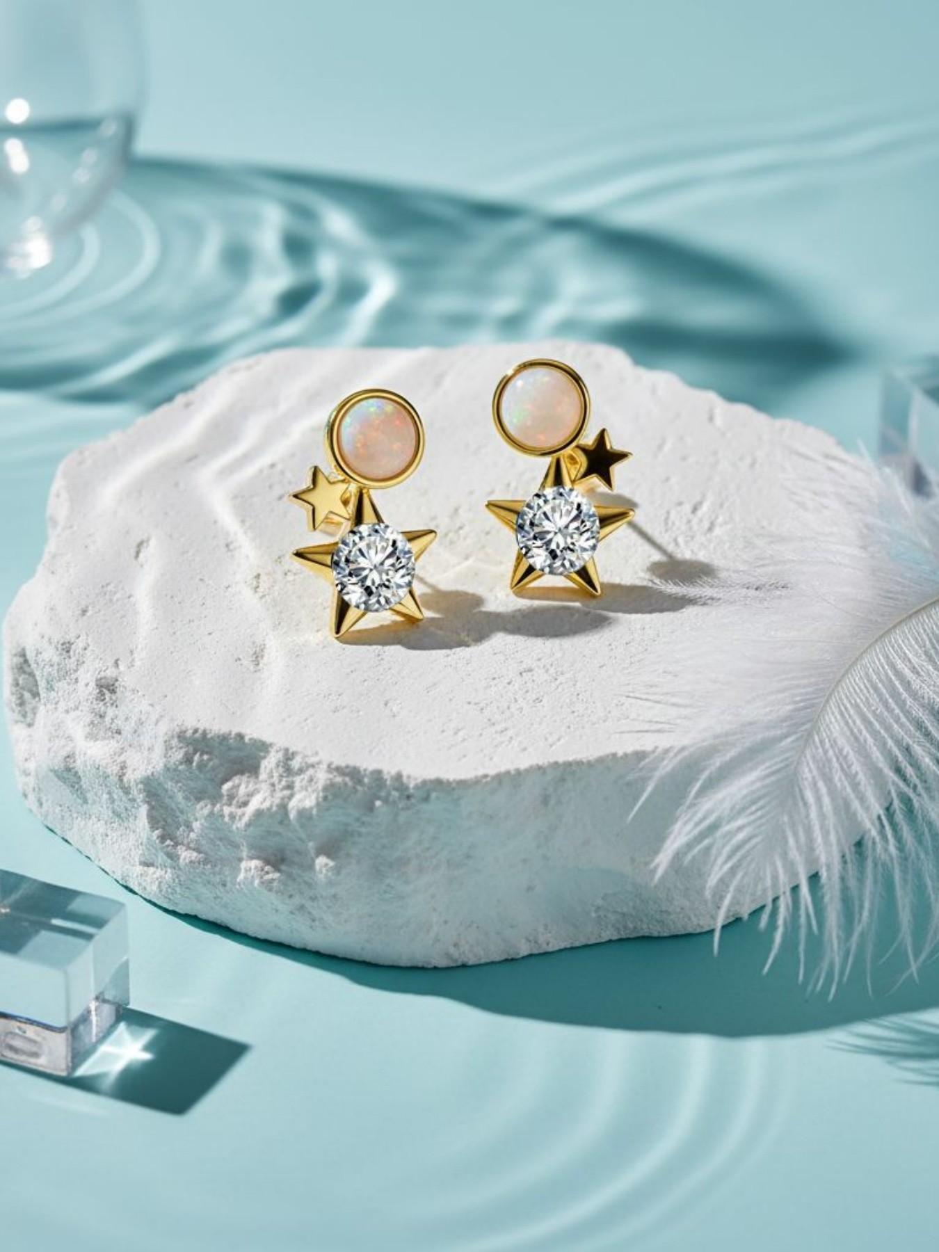 Double Glow Star Ring · Gold Sequence | Original Niche Star Opal Earrings, 925 Sterling Silver Needle Luxury Studs, Daily Essential Lucky Charm Accessory, Perfect for Valentine’s & Birthday Gifts