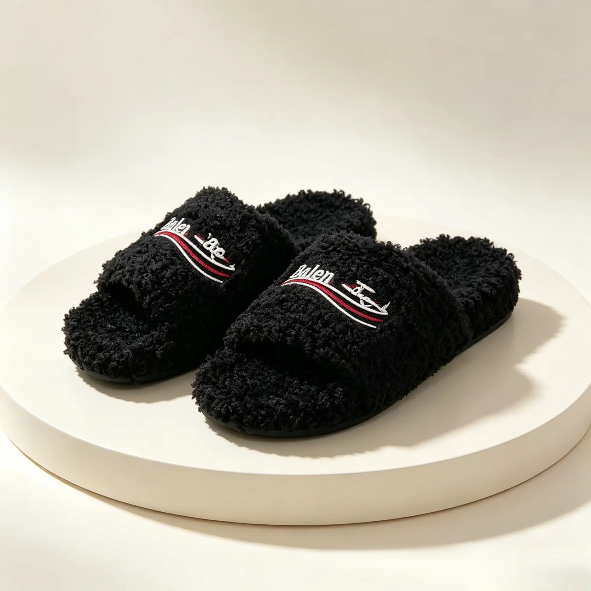 Unisex Fluffy Curly Plush House Slippers, Warm Furry Open-Toe Slip-On Slippers for Men Women, Embroidered Detail Lightweight Cozy Indoor Fuzzy Home Footwear
