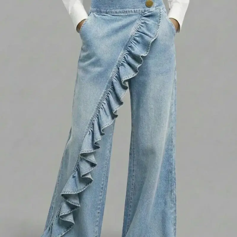 Women’s Vintage Ruffle Wide Leg Jeans, Mid-Rise Asymmetrical Tiered Denim Pants with Front Pockets, Statement Casual Jeans for Streetwear, Going Out, Travel and Everyday Outfits