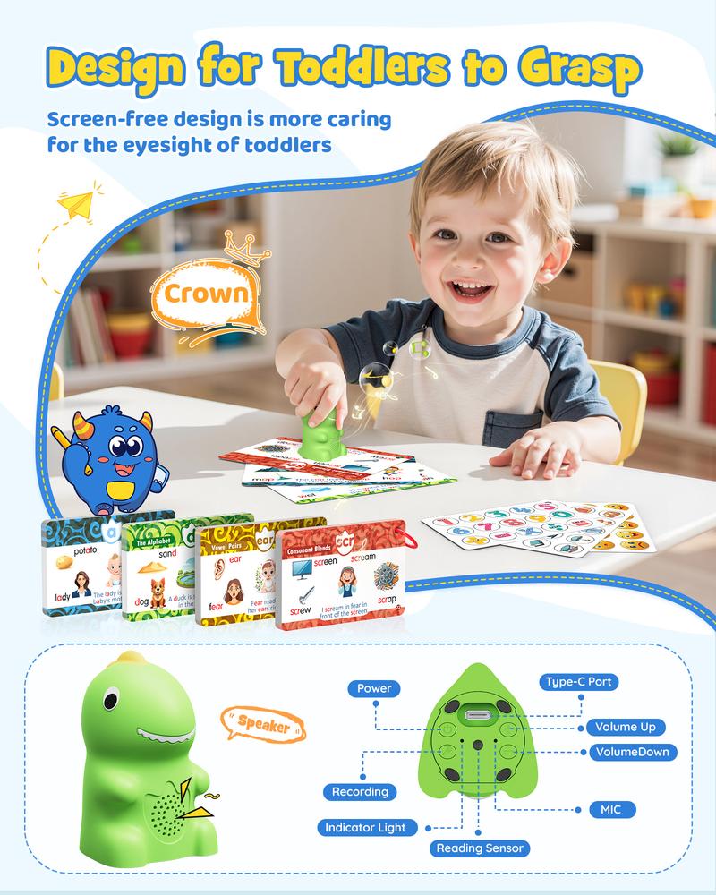 KOKODI Dinosaur Talking Flash Cards with Interactive Learning Stickers Montessori Phonics & Sight Words Set 148 Cards 592 Words 5 Categories 6 Stickers Educational Toy for Kids - Flashcards