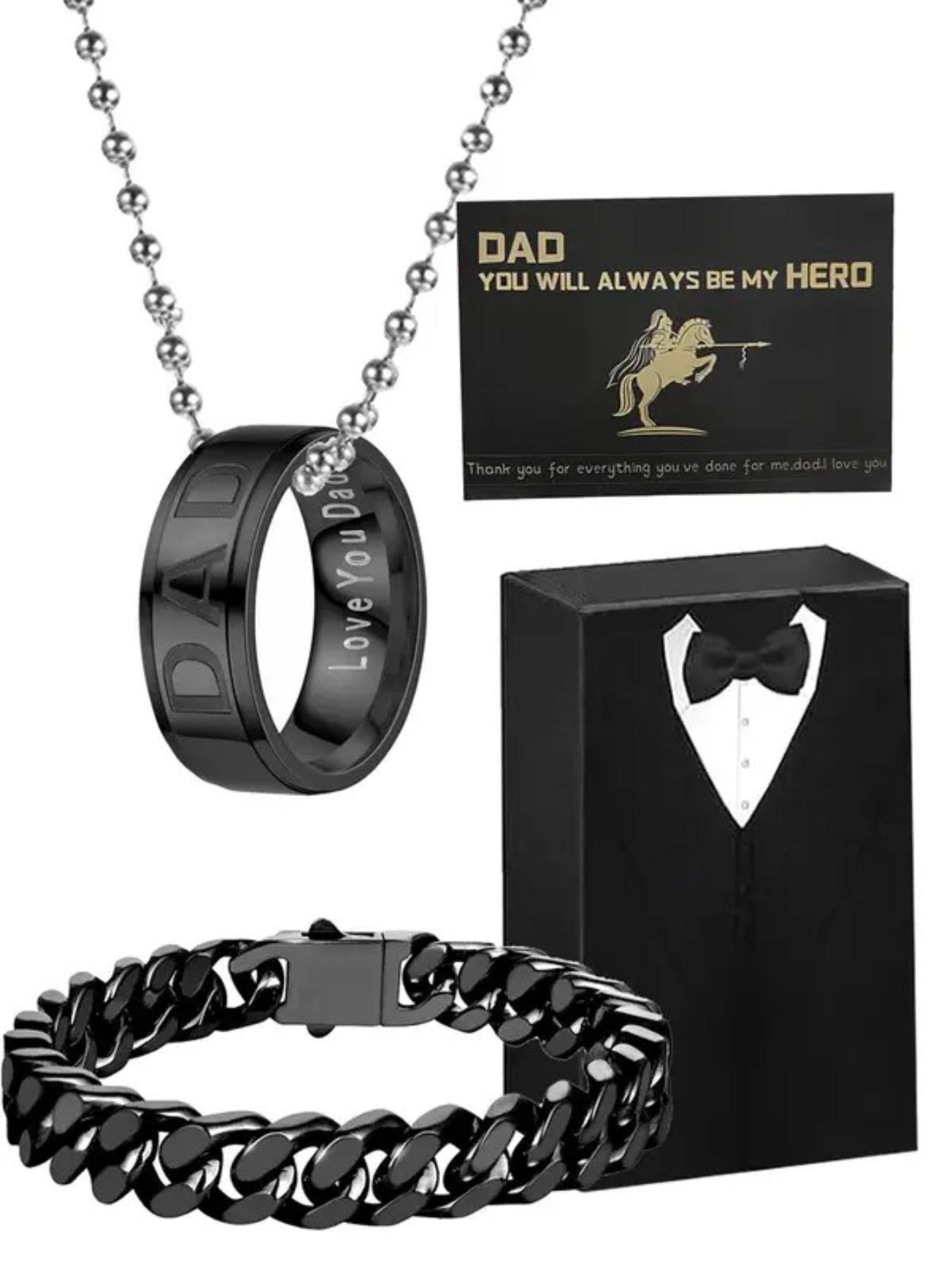 Father's Day Gift Set, 4-Piece Fashion Dad Ring Necklace with Luxury Box, Stainless Steel Jewelry for New Fathers