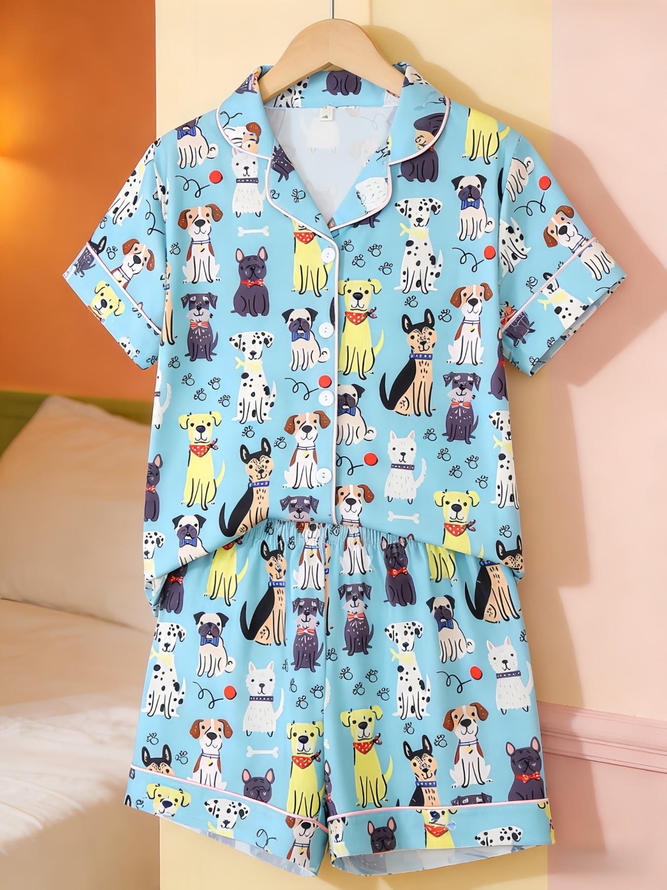 2-Piece Kids Pajama Set, Cartoon Puppy Footprint Design, Casual Short Sleeve, Loose-Fit, All-Season Wear, Party Gift Set