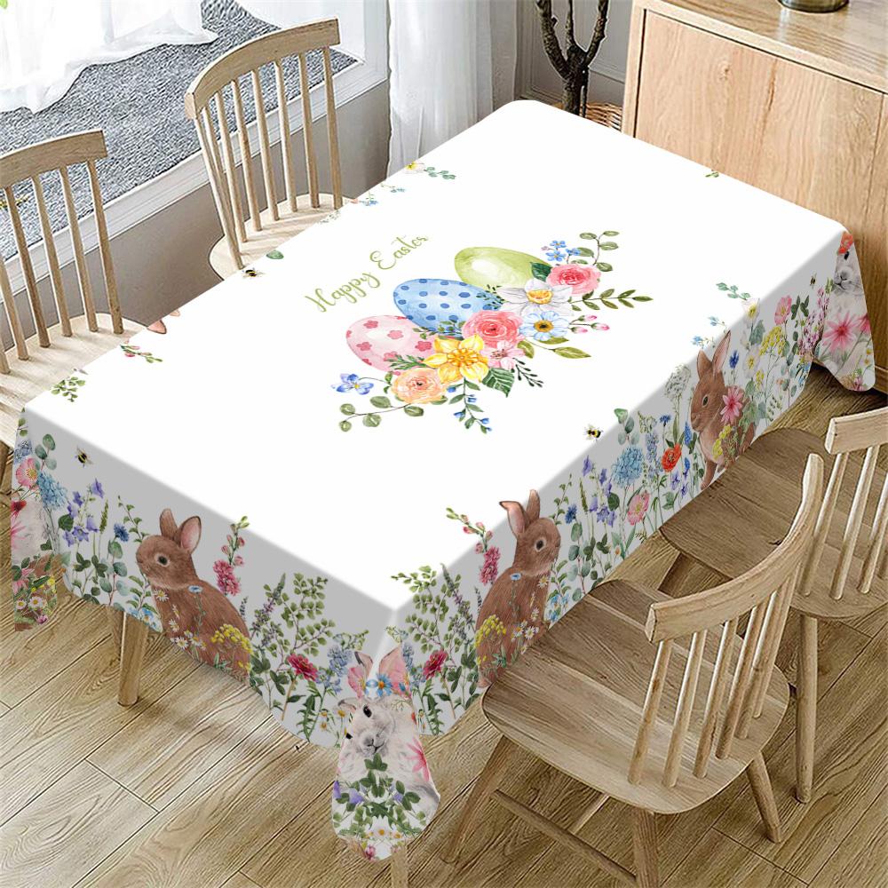 Rectangular Easter Tablecloth, Cartoon Rabbit & Egg Design, Spring/summer Floral Pattern, Perfect for Holiday/easter Decorations