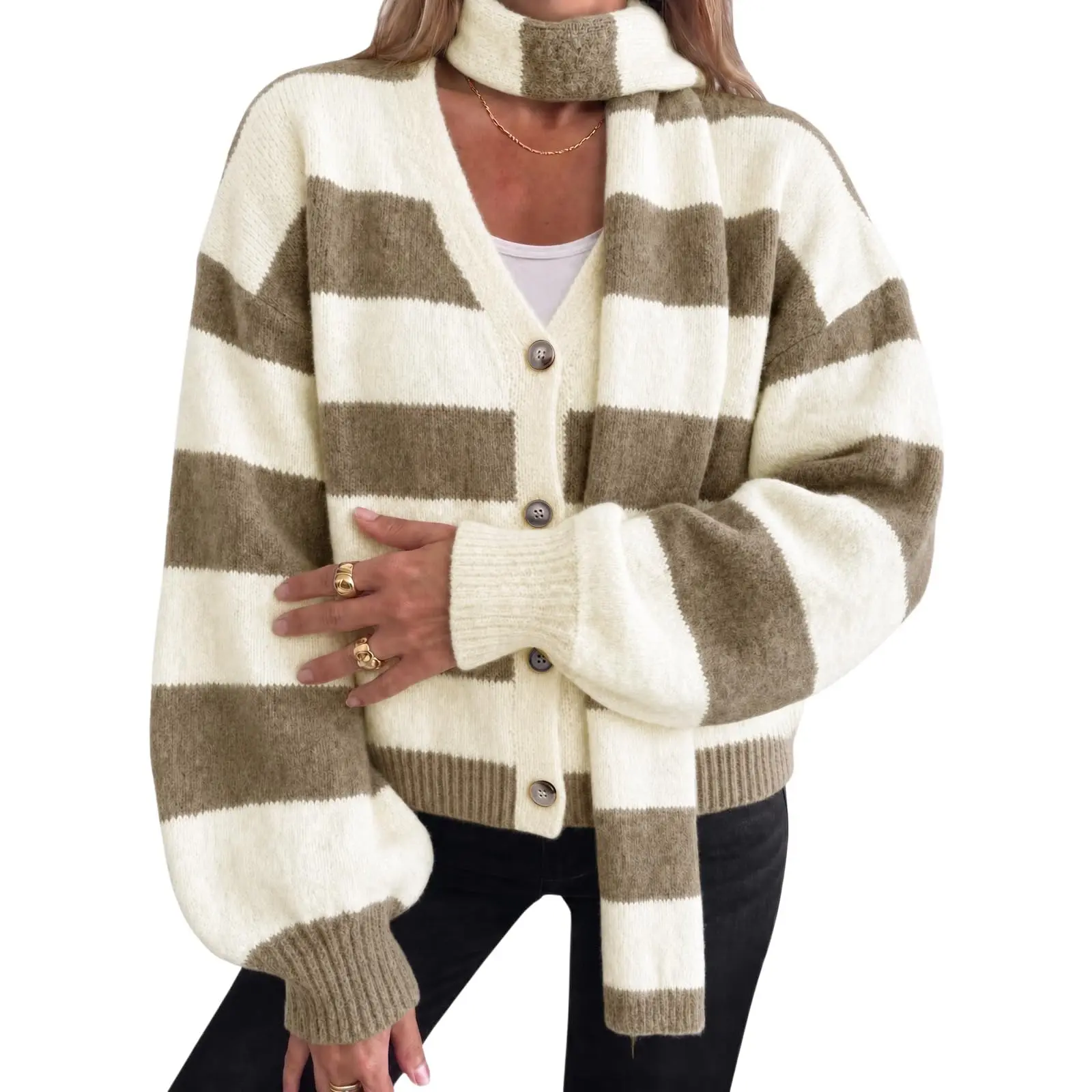 Tankaneo Womens Striped Cardigan Sweaters Long Sleeve Loose Knit Cardigans