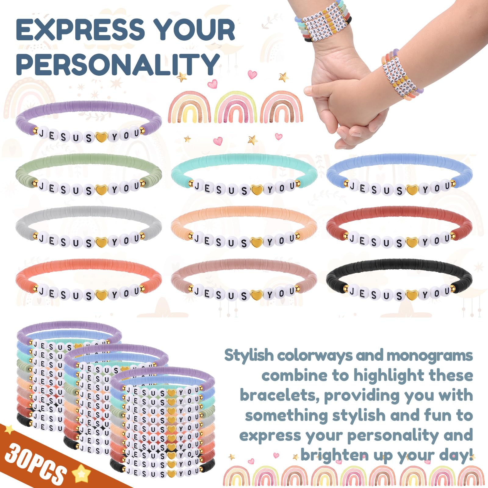 Easter Jesus Loves You Bracelets Bulk Christian Gifts for Women Men Youth Group WWJD Cross Clay Beads Faith Friendship Bracelets for Easter Basket Stuffers Easter Egg Filllers Church Sunday School Prizes No Candy Easter Party Favors