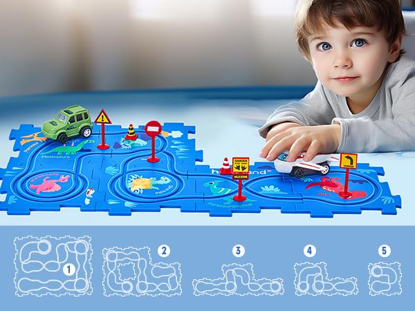 hahaland 12 PCS Racer Car Track Set, Dinosaur-Themed Puzzles, Educational Montessori Toys for Kids, Birthday Gifts, Boy Girl Toys