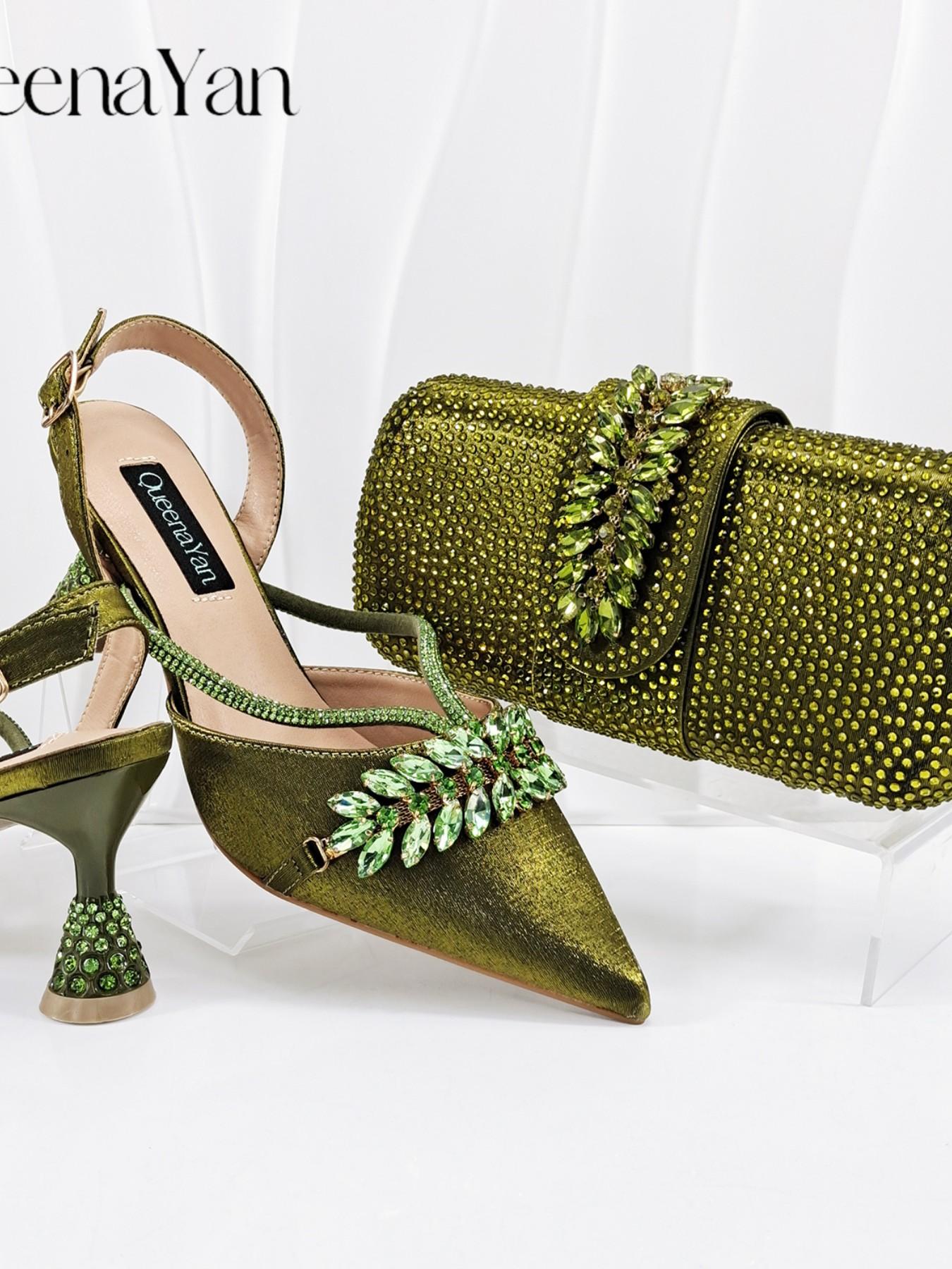 2026 Party New Italian Style High Heels with Bag, Style, Pointed Toe, Metal Decor, Rhinestone Accent, Elegant Olive Color, Women's High Heels