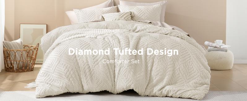 Litanika 3-Piece Comforter Set - Lightweight Fluffy Boho Farmhouse Bedding Queen King Full Sizes Hand-Tufted Geometric Stitching Neutral Two-Tone Design Microfiber Backing Breathable Fill
