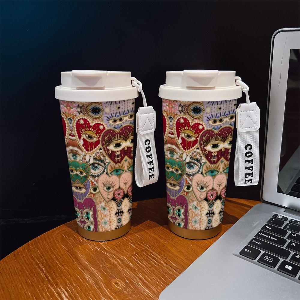 Abstract Heart Crown Eye Texture Coffee Cup, Portable Dual Drink Insulated Tumbler, Keeps Hot/cold, Boho Style, Office Travel Essential