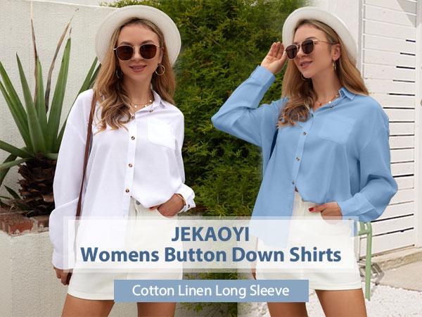 JEKAOYI Womens Oversized Casual 100% Cotton Button Down Long Sleeve Shirts V-neck Collared Work Summer Blouse Tops with Pockets SpringStatements