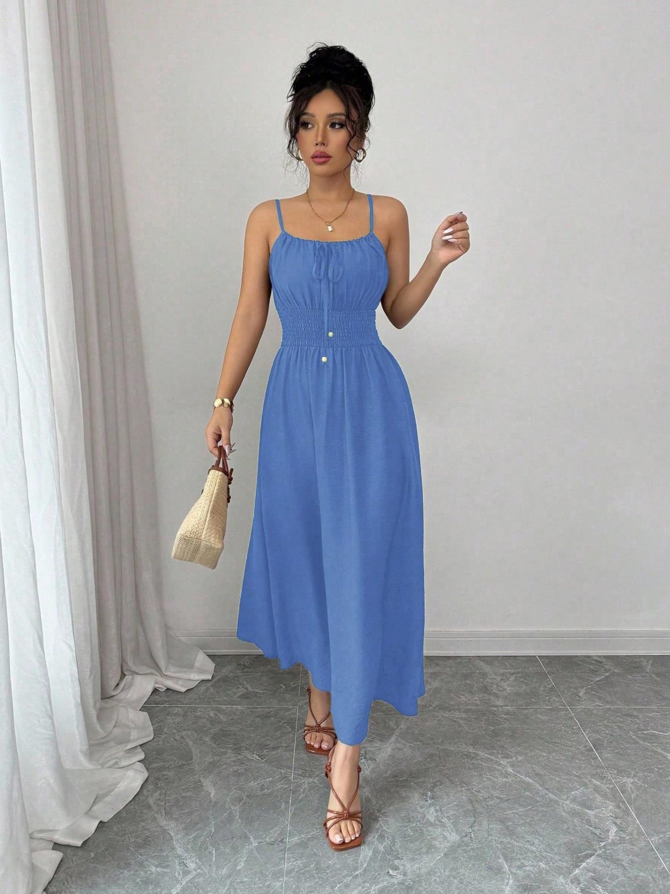 A women's fashionable and high-end French gentle style waist cinching spaghetti strap camisole dress with lace up bead design, suitable for summer, beach wear, dates, dinners, and travel Straps Summer Dress