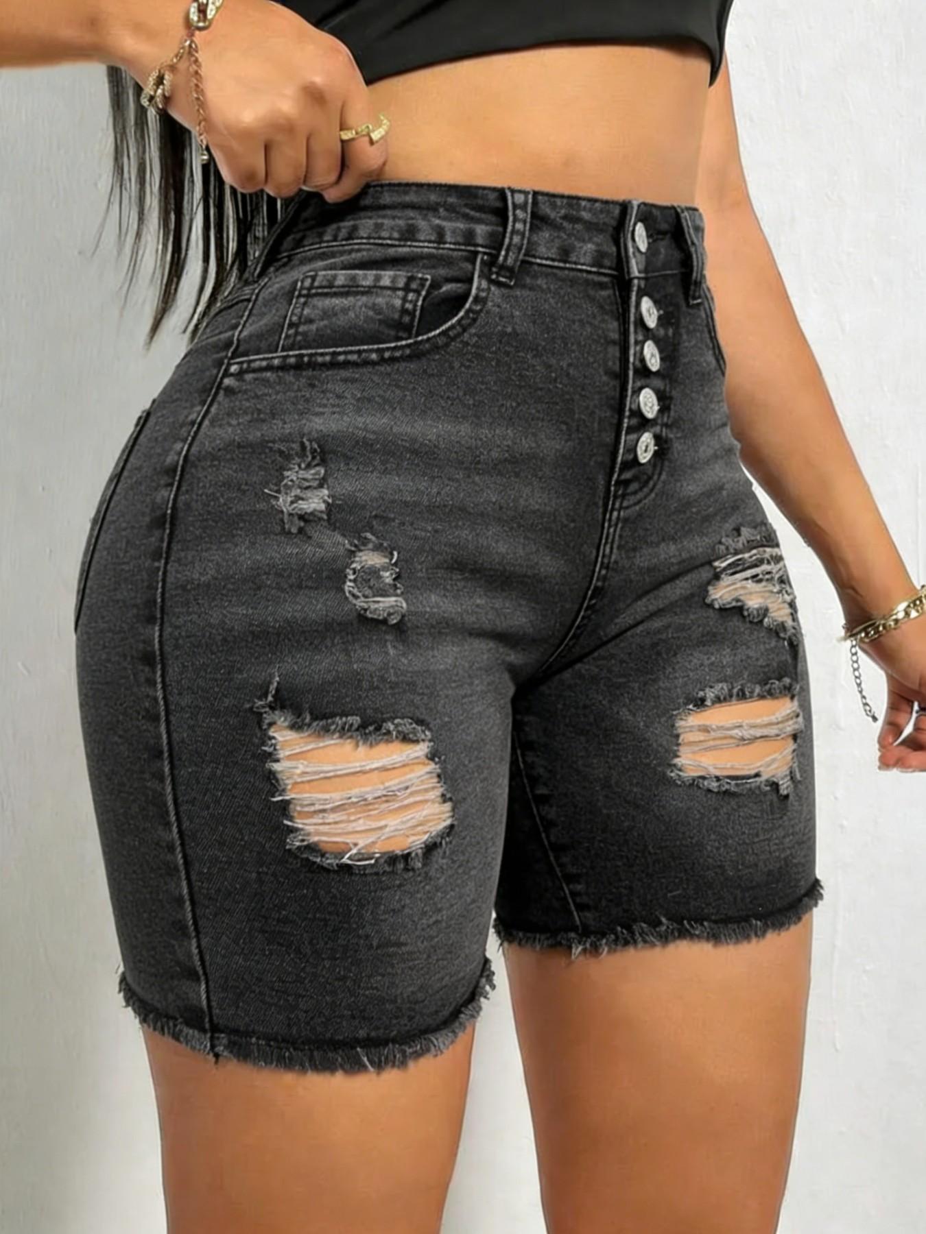 Summer Fashion Women's Chic Button Front Ripped Blue Denim Jeans Shorts, High Elastic Comfort, Fitted Not Tight, Durable Street Style Mid-Waist Five-Pocket Pants