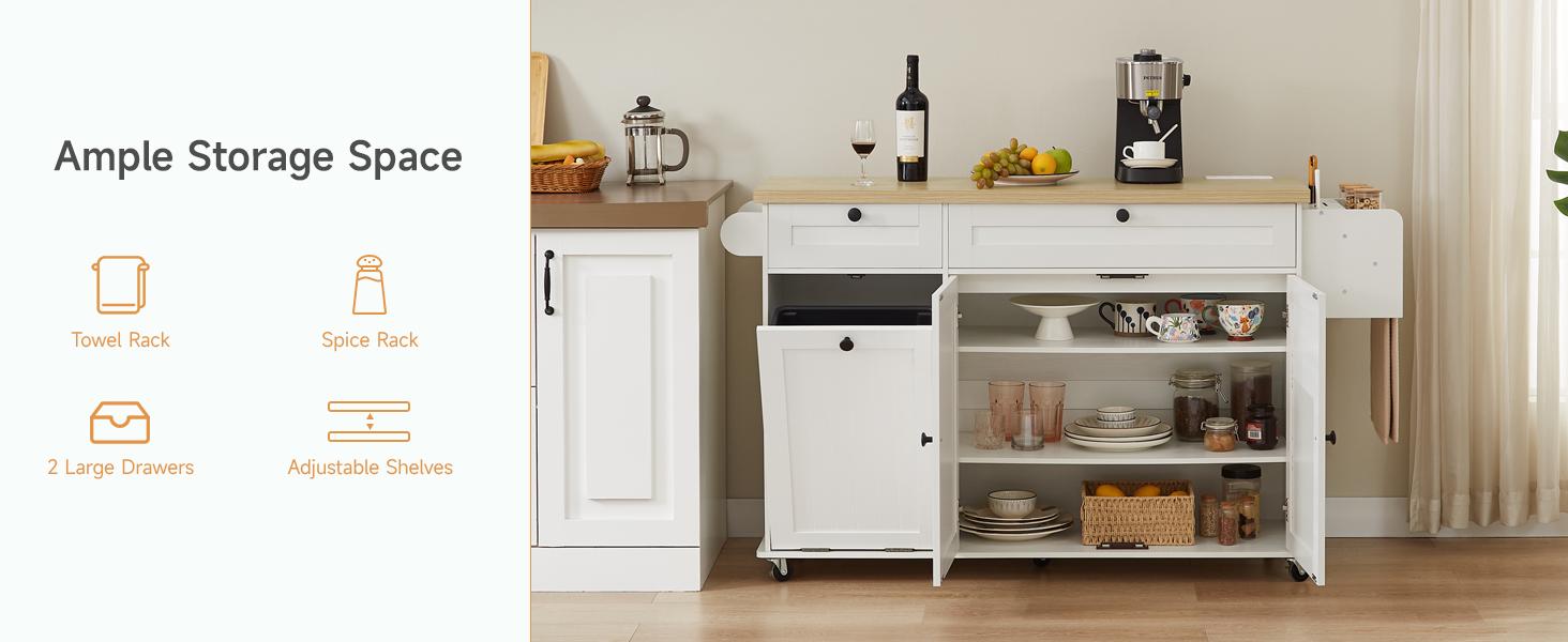 【SPOTLIGHT DAY】ONBRILL 60.2"W Kitchen Island with Two Large Storage Cabinets Drawers Locking Wheels Wood Countertop Power Outlet Spice Rack Paper Towel Holder Rolling Smooth
