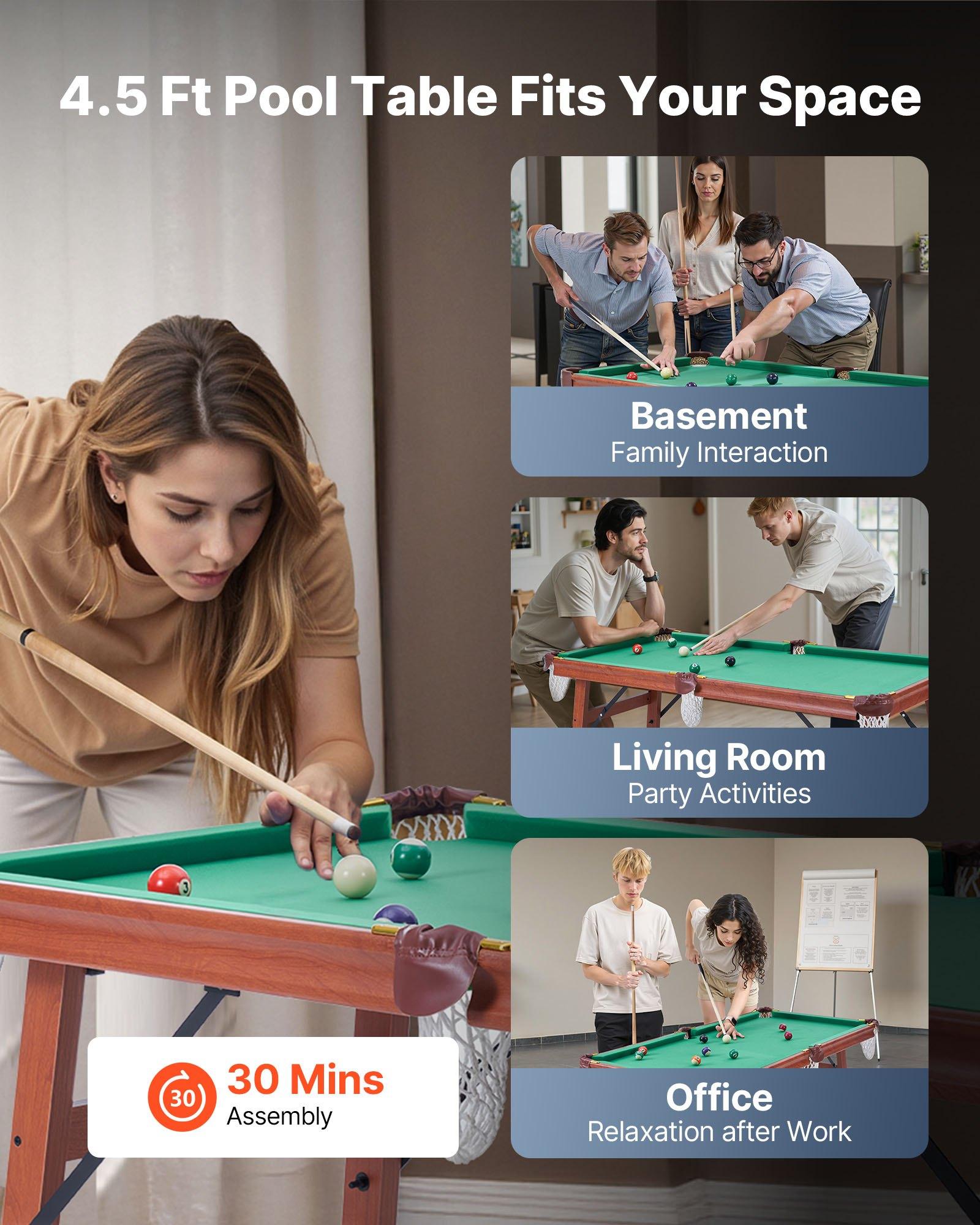 fathersdaygift VEVOR Folding Pool Table, 4.5 ft Portable Billiards Tables, Foldable Space-Saving Entertainment Game Set Includes Ball, Cue, Rack, Chalk, Brush, Brown with Bule Cloth, for Family Use, Recreation Room