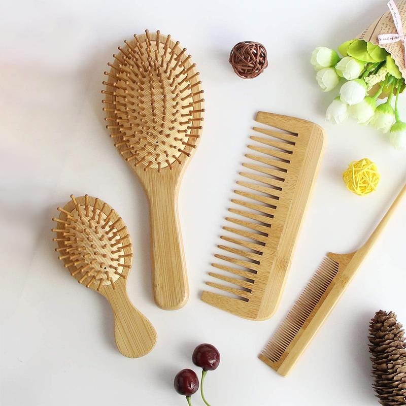 Bamboo Hair Makeup Brush, 4 Counts/set Natural Bamboo Comb Paddle Detangling Hairbrush & Wide Tooth & Tail Comb, Smoothing Hair, Hair Detangling Styling Tool for Women & Men, Trending Product, Summer Gift, Grooming, Curly Hair Care Products