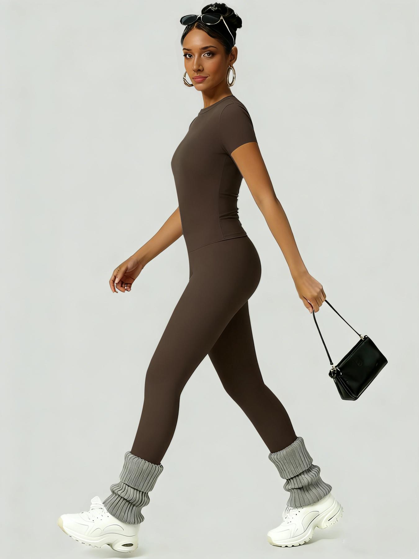 Women's Slim-Fit Round Neck Short Sleeves Top & High-Waisted Yoga Pants Sportswear Set, Ideal for Gym Running and Outdoor Activities