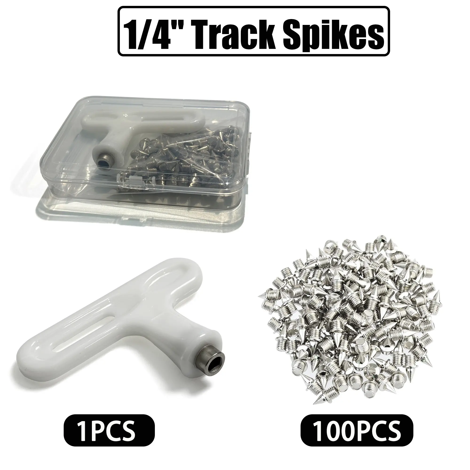 100pcs 1/4 Inch Pyramid Steel Track Spikes, Wear Resistant Strong Grip, Replacement Shoe Spikes with Wrench, Universal for Sports