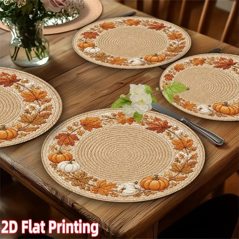 4-6-8 Piece 2D Print Place Mats, Rustic Pumpkin Leaf 15 Inch Polyester Table Mats, Home Decor, Wedding, Anniversary, Festival, Party