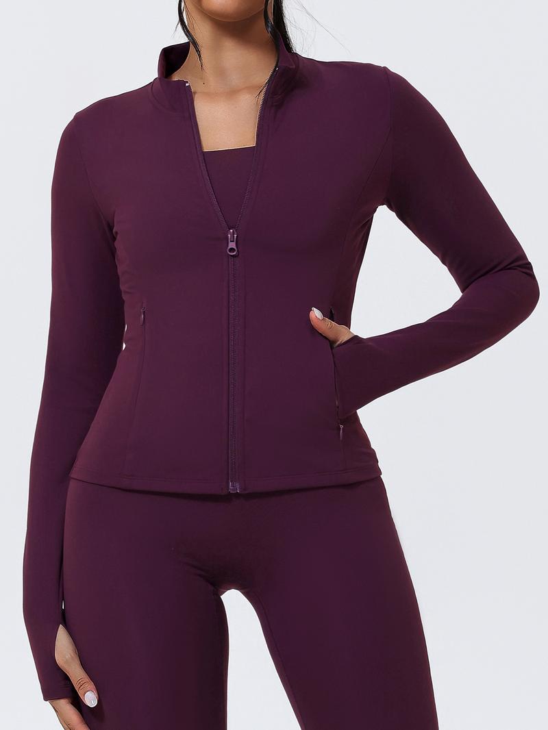 Women's Stand Collar Zipper Yoga Jacket, Windproof Slim Fit Long Sleeve Running Outerwear, Pockets Design, Polyester Spandex Fabric Only Jacket,jackets for women, Sports Yoga Jacket