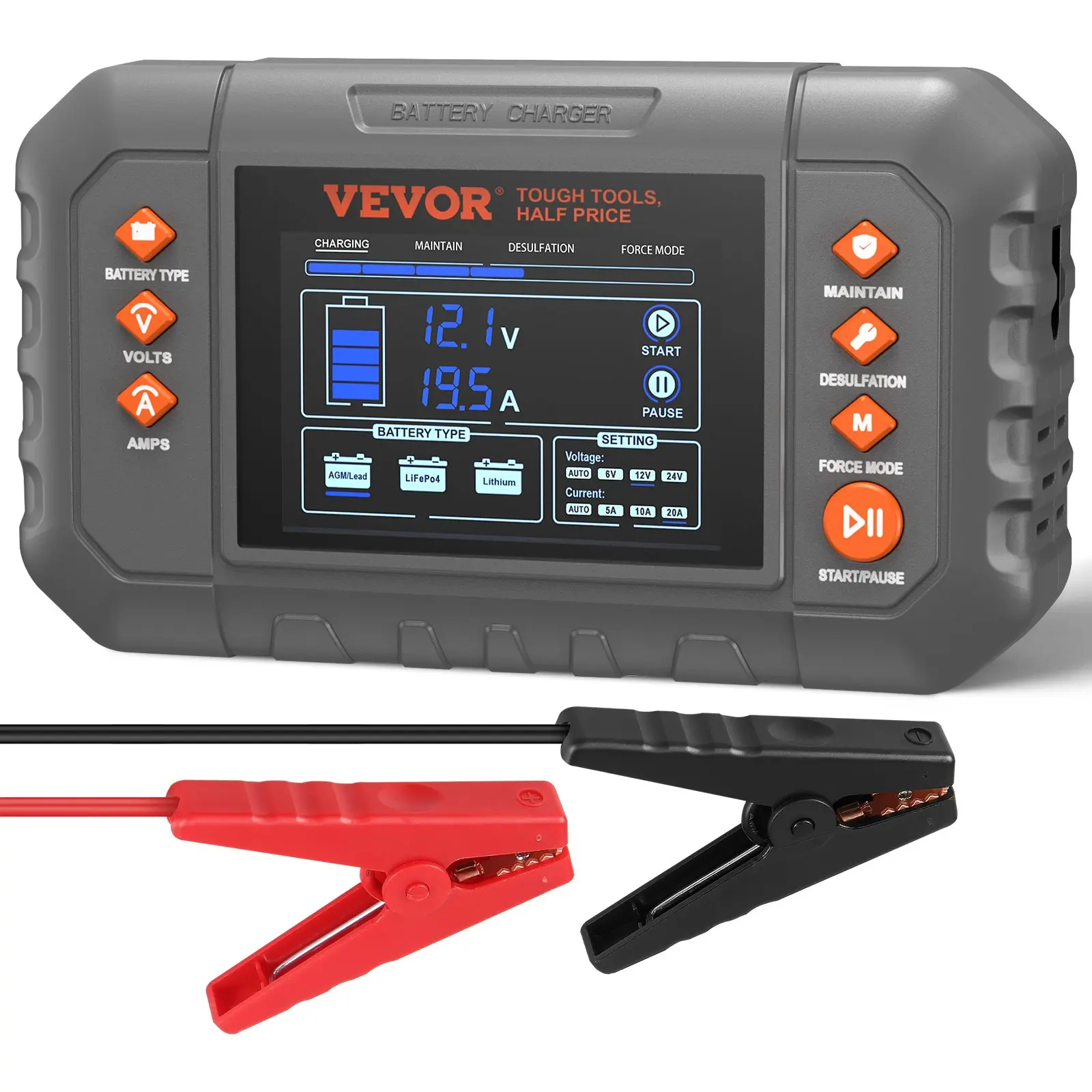 VEVOR Smart Battery Charger, 20-Amp, Lithium LiFePO4 Lead-Acid (AGM/ Gel/ SLA) Car Battery Charger with LCD Display, Trickle Charger Maintainer Desulfator for Boat Motorcycle Lawn Mower Deep Cycle
