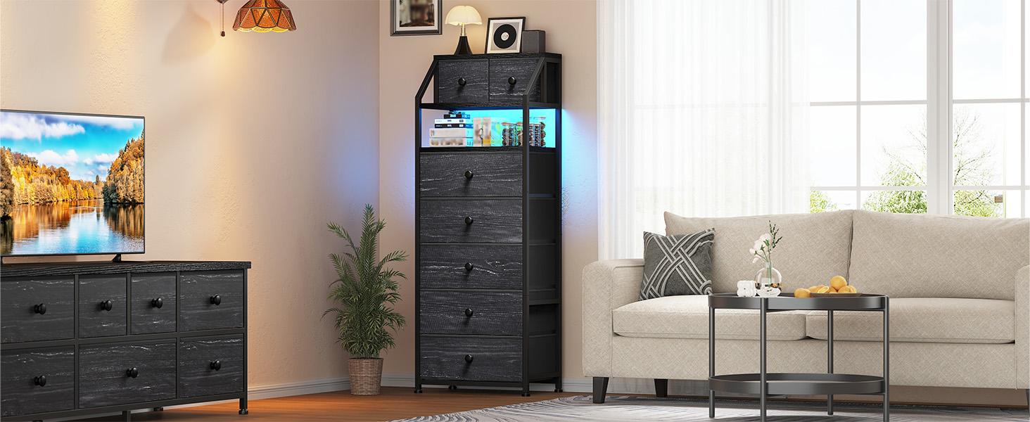 Raybee 51.2" H 7 Drawer Smart LED Dresser & Nightstand Combo, Stylish Storage Chest, Open Wood Shelf, Fabric Bins, Metal Frame, Modern Storage Organizer Set with Ambient Lighting, for Living Room, Bedroom, Closet