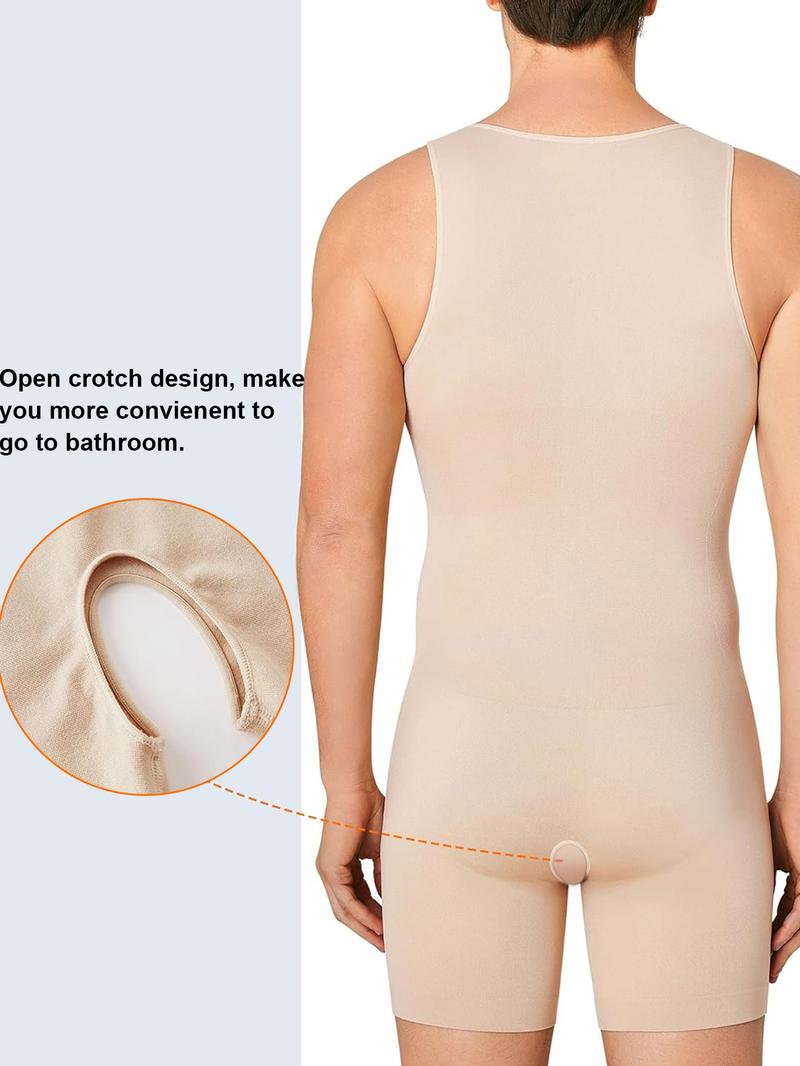 Men's Solid Zipper Bodysuit, Adjustable Zipper Shapewear, High Stretch Tummy Control Shapewear for Men, Compression Shirts Full Body Shapewear for Men