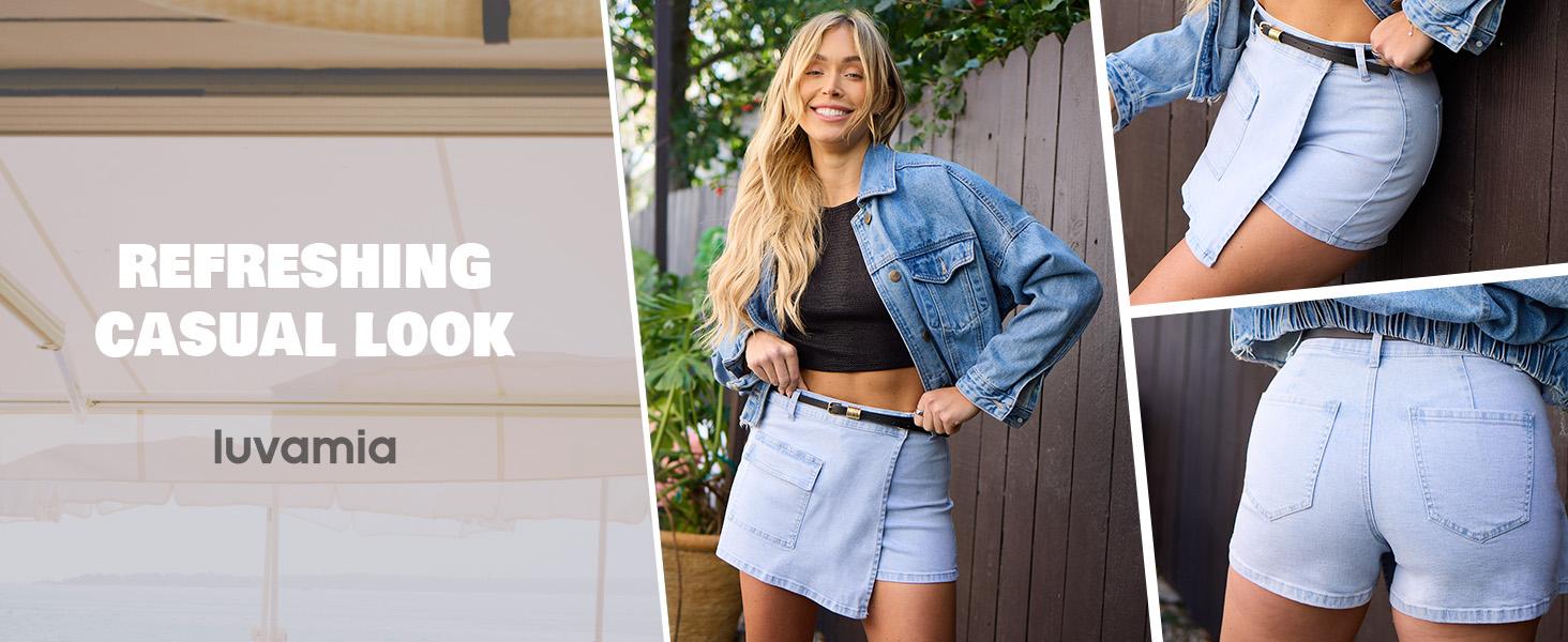 Luvamia Denim Skorts for Women Cargo Faux Wrap Jean Skort Skirts Stretchy High Waisted Skirt Shorts Country Concert Wear Womenswear