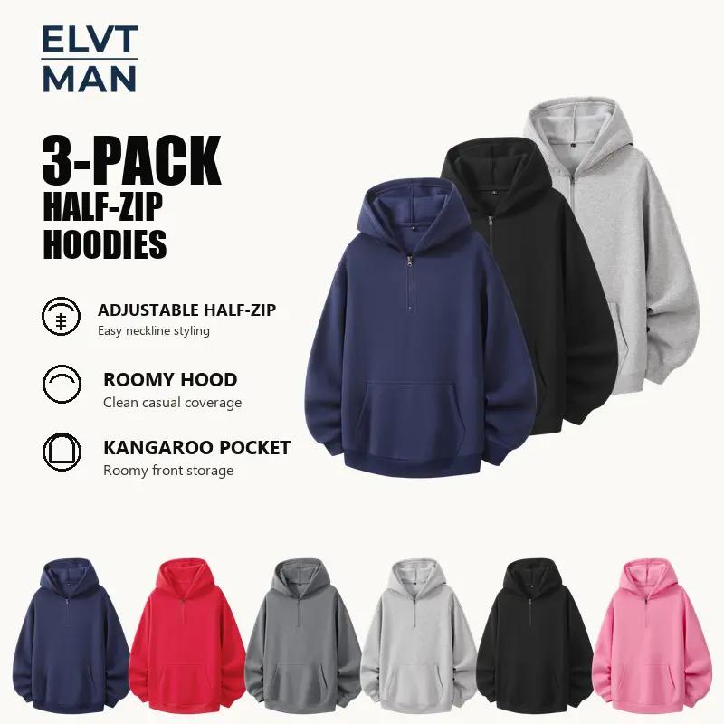 3-Pack Mixed Color Men's Oversized Half-Zip Hoodies, Relaxed Fit Long Sleeve Hooded Sweatshirt Set with Kangaroo Pocket, Sizes S-XXL, Casual Everyday Layering