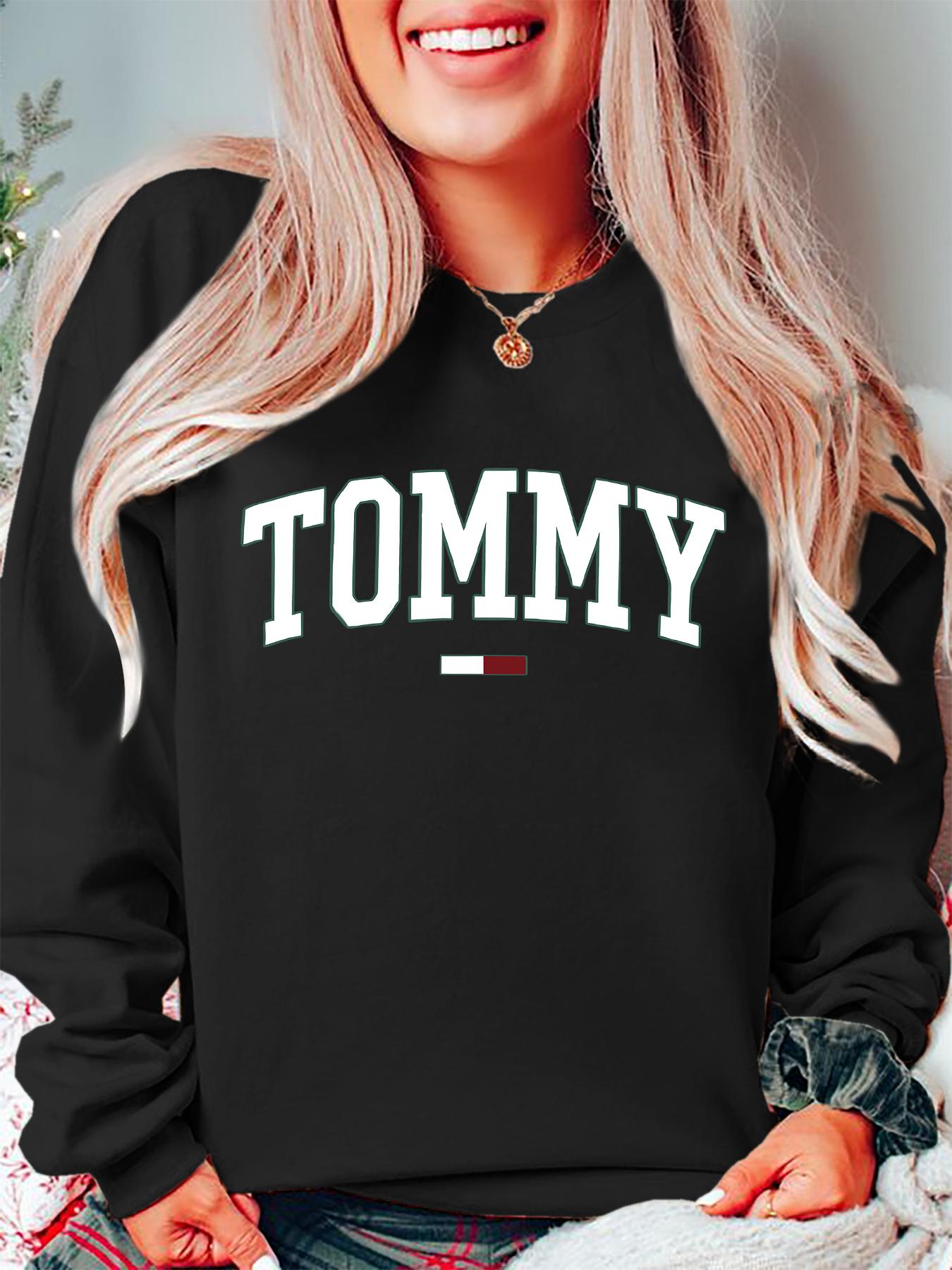 Tommy Pattern Print Long Sleeve Casual Loose Fit Pullover Sweater for Women, Fall & Winter Round Neck Fitted Style