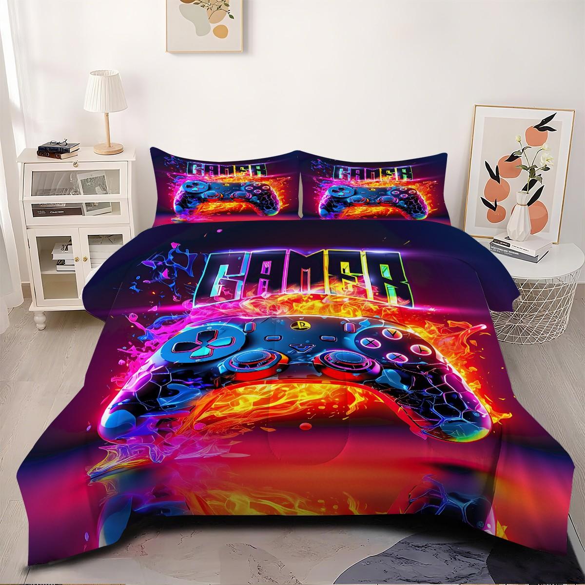 Futuristic and Energetic Gaming Controller 2/3pcs Comforter Set, Flame and Neon Light Effects Create a Dynamic and Dynamic Bedding Set, Soft and Comfortable, Personalized and Vibrant Style,Adding Allure and Fun 1 or 2 Pillowcase No Pillow Core.