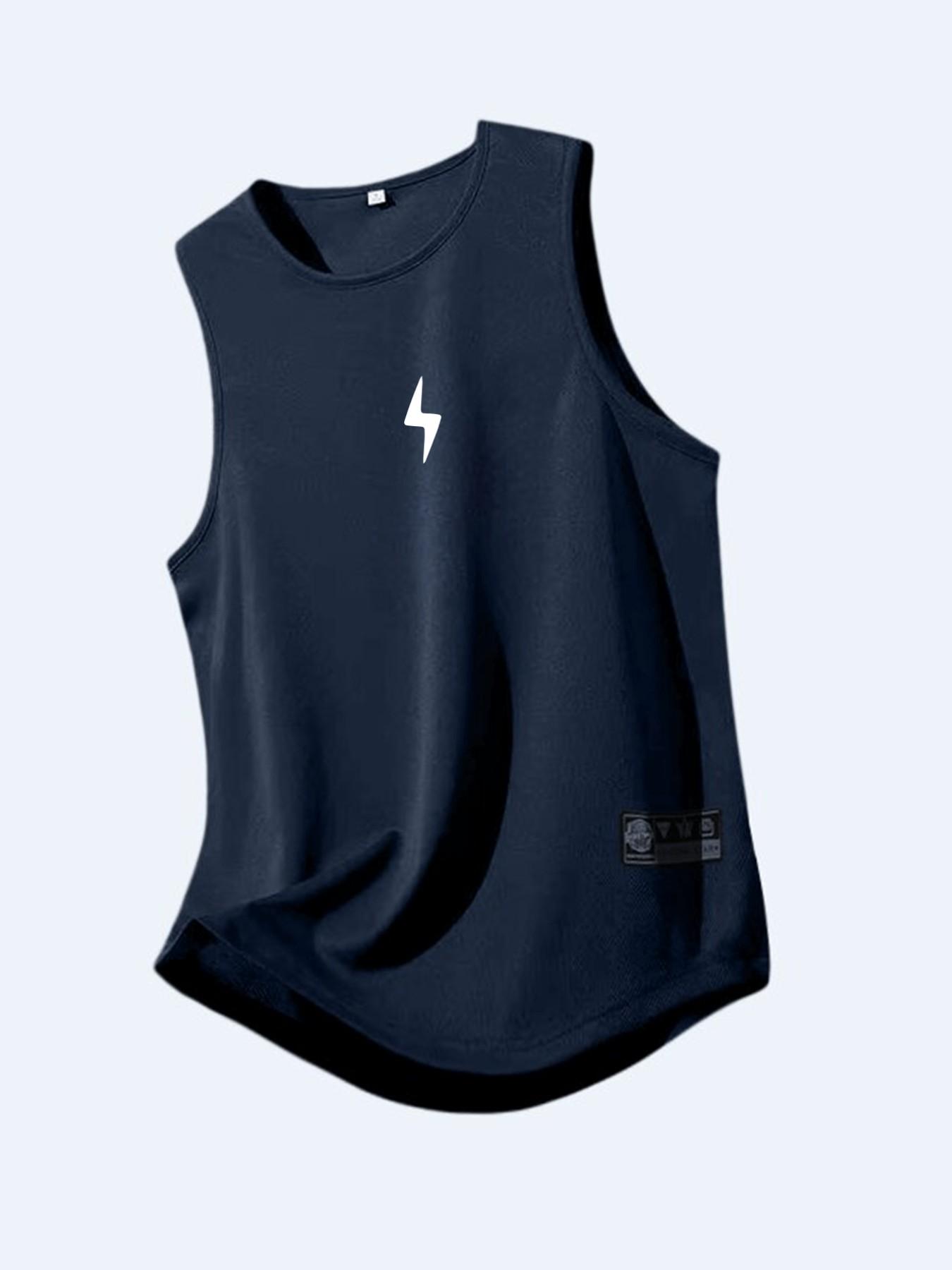 Men's Breathable Polyester Geometric Lightning Pattern Sports Tank Top, Casual Sleeveless Shirt for Gym, Running, Outdoor, Summer Wear