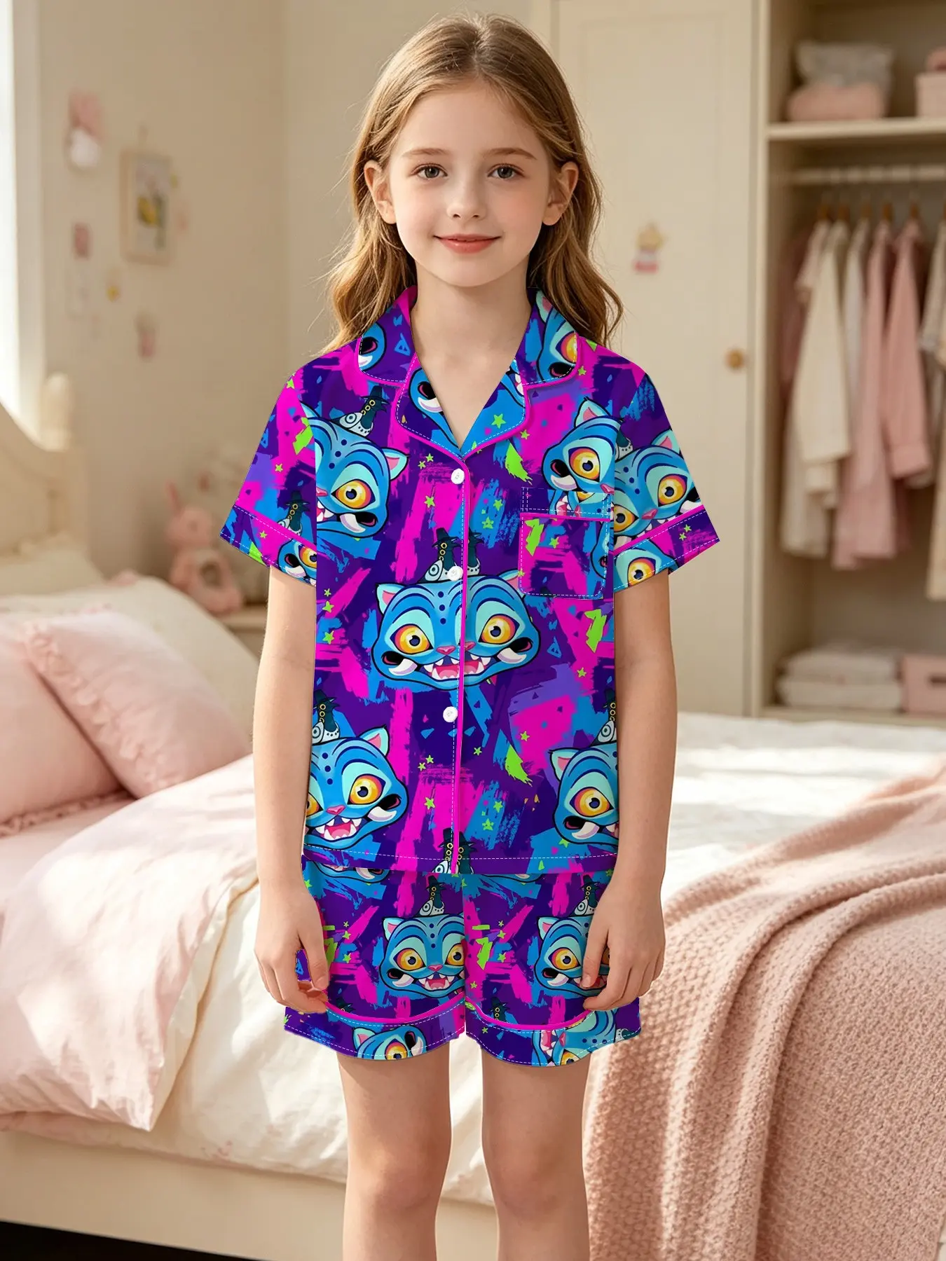 2pc Girls' Collared Open-Heart Short Sleeve Shorts Set, Soft Breathable Sleepwear, Graffiti Blue Cat Monster Role 3D Cartoon Printing, Gift Essential