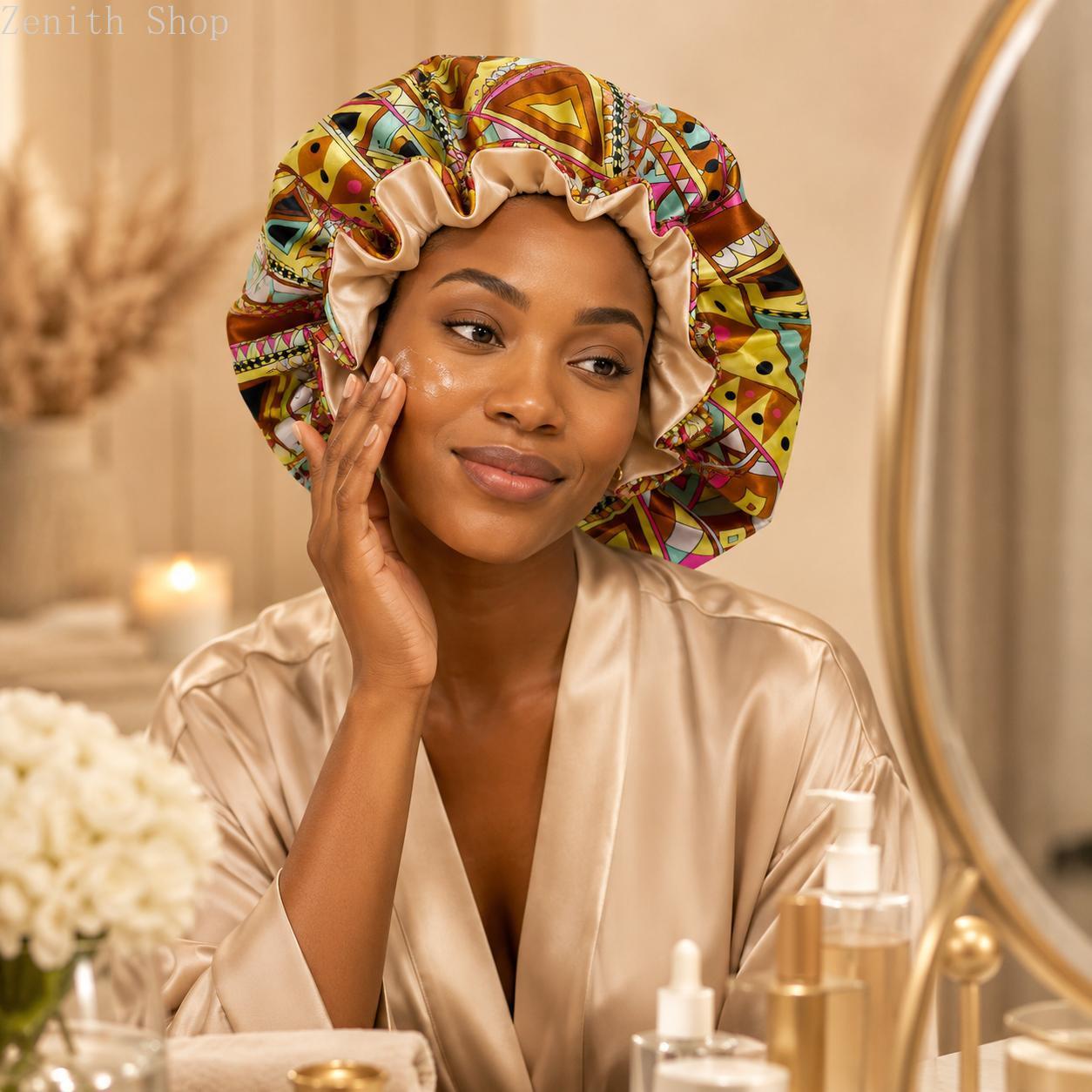 Double‑Layer Floral Print Sleep Bonnet, Lightweight Polyester Hair Protection Cap for Home Travel