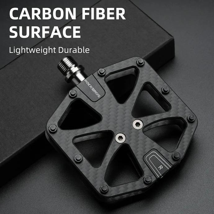 ROCKBROS Carbon Fiber Bike Pedals Lightweight 3-Bearing Non-Slip 9/16" Wide Flat