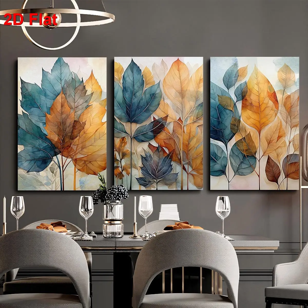 3-Piece Teal Orange Autumn Leaf Canvas Frame, Watercolor Fall Foliage Botanical Wall Art, Warm Earth Tone Transparent Leaves Print, Triptych Wall Art Decor for Living Room Entryway Home Decor