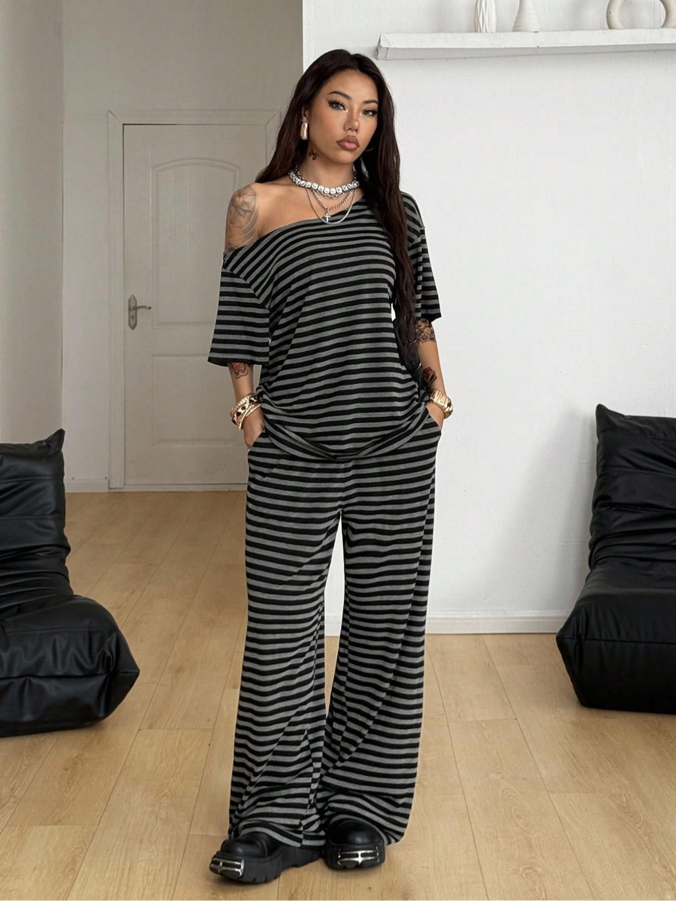 Women's Casual Streetwear Two-Piece Set, Comfortable Shoulder-Exposed Top & Wide-Leg Pants, Daily Wear Sportswear