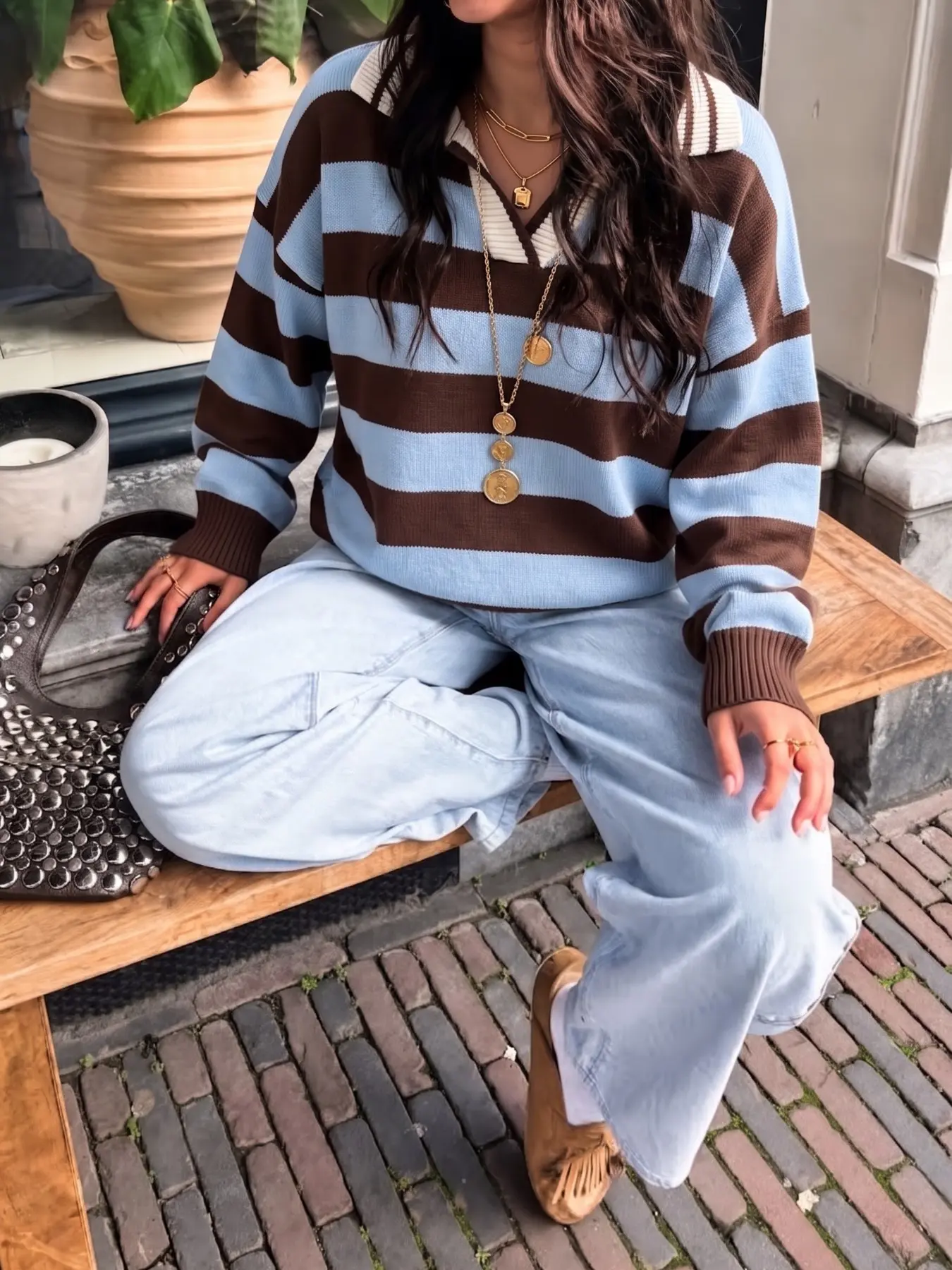 Vintage College Style Striped Knit Sweater, Patchwork Collar Loose Fit Lazy Fashion, Daily Commute Long Sleeve Pullover Knitwear