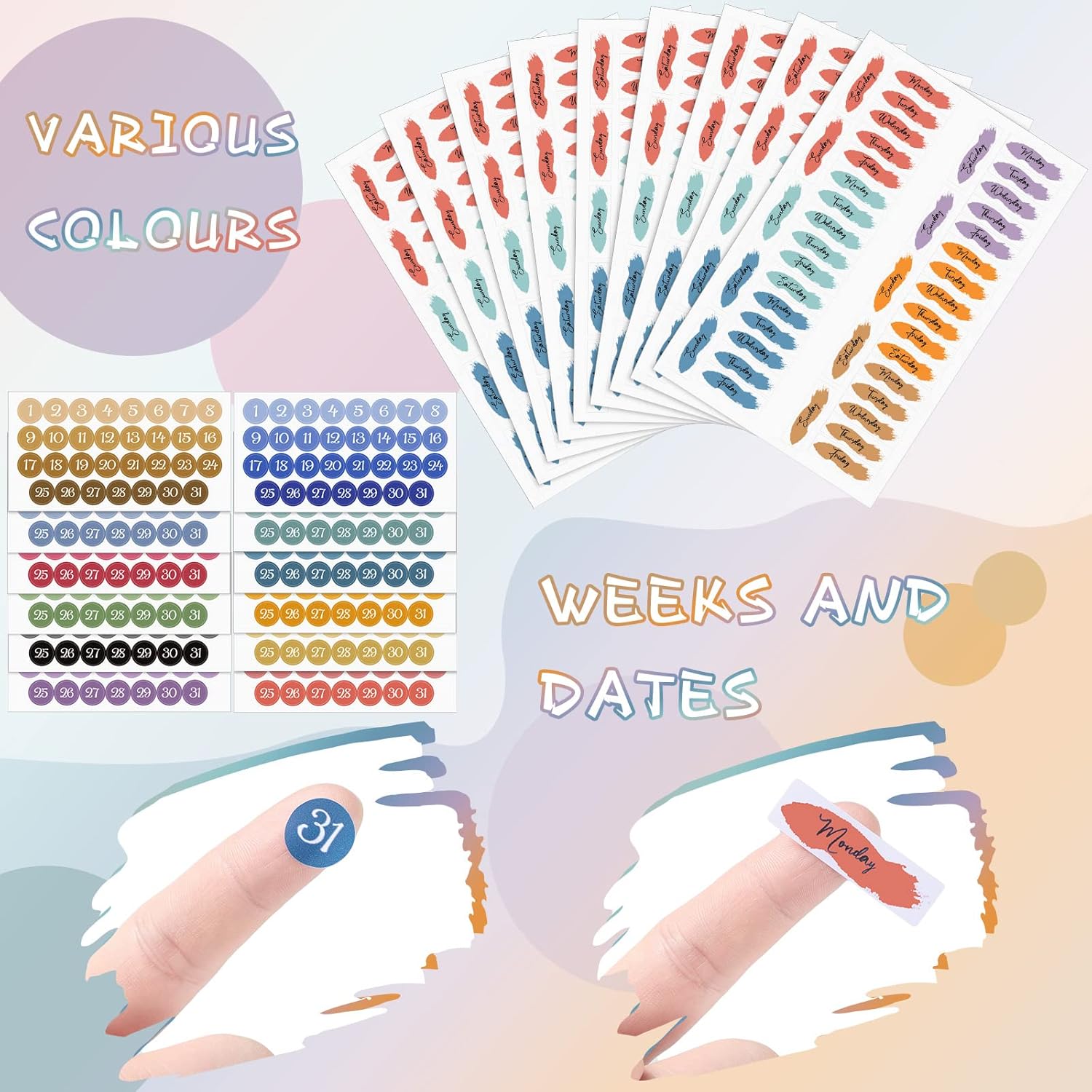 21 Sheets Date Planner Stickers Bundle Foiled Date Dots Date Covers Planner Stickers Foiled Date Covers Day of the Week in Rainbow Colors for  (12 Months and 42 Weeks)