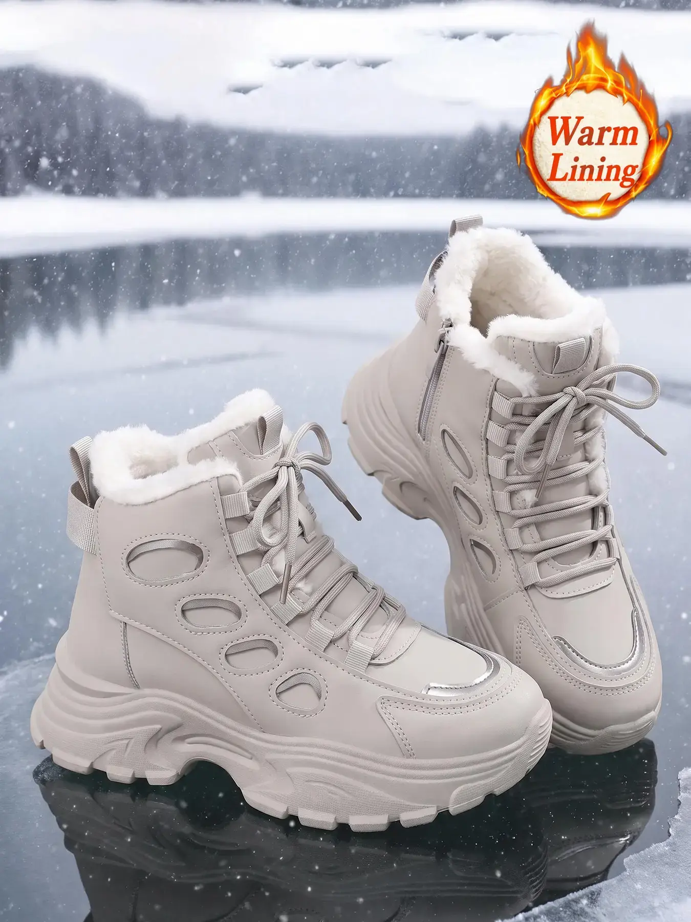 Thick Sole Plush Lined Winter Ankle Boots Non‑Slip Warm Faux Leather PU Boots Snow Shoes For Ladie
