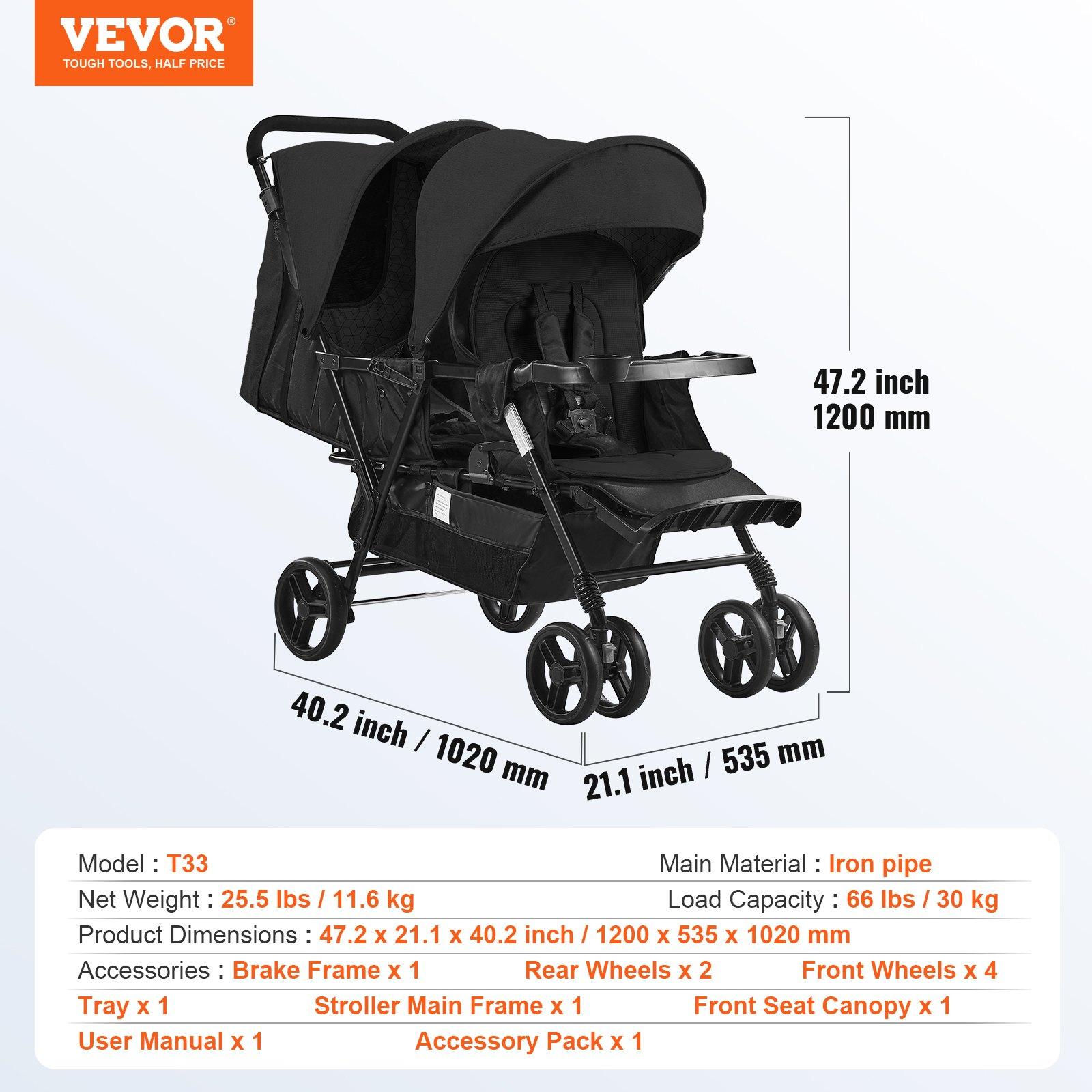 VEVOR Lightweight Foldable Tandem Double Stroller with Tandem Seating, Adjustable Backrest, Adjustable Footrest, Wrap Harness, Storage Tray, Storage Basket, Push Handle, for Newborns (Newborn Baby Stuff), Outdoor Walks (Black)