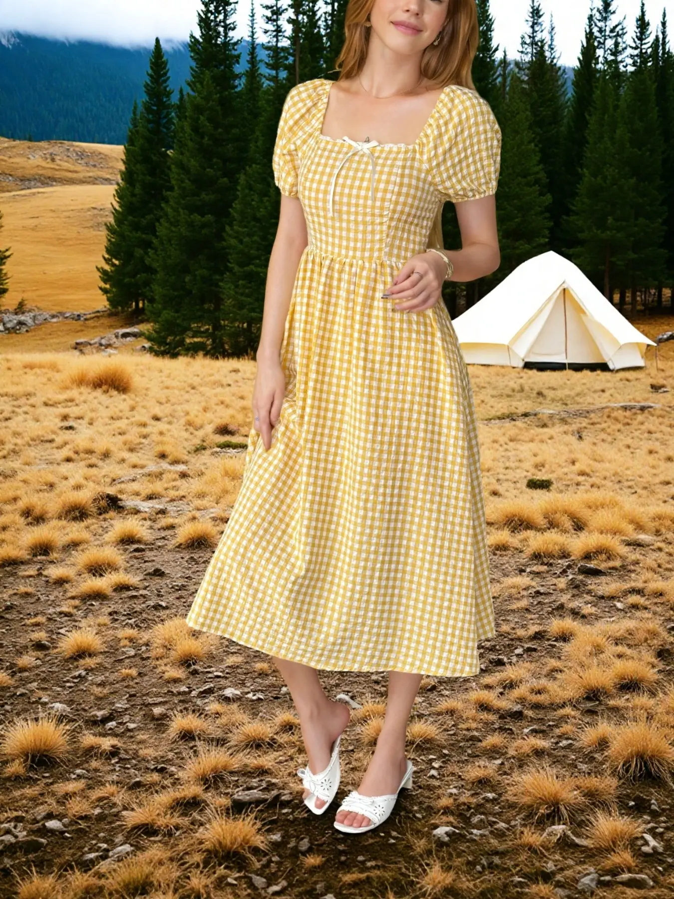 yellow retro dress open lace back Zapaka Women 1950s Dress Elegant V Neck Vintage Dress, Yellow 97% Cotton Boogie Woogie Bugle Boy Dress