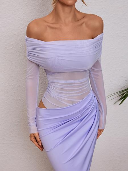 Women's Plain Off Shoulder Ruched Sheer Mesh Dress, 2025 Elegant Long Sleeve Long Dress for Party Banquet, Ladies Summer Clothes