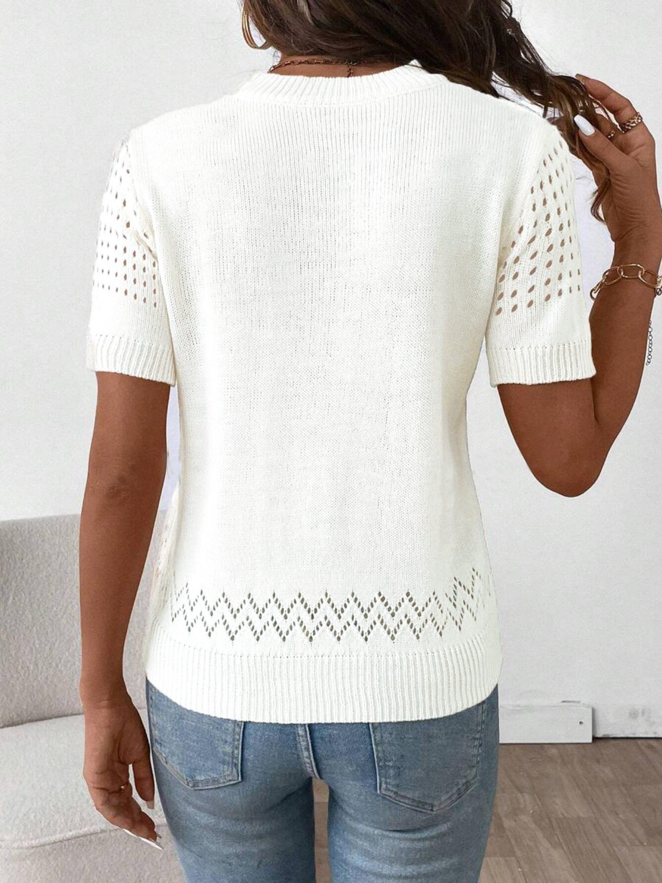 Women's Plain Hollow Out Crew Neck Fitted Sweater, Casual Short Sleeve Jumper for Summer, Fashion Women's Knitwear for Daily Wear Womenswear