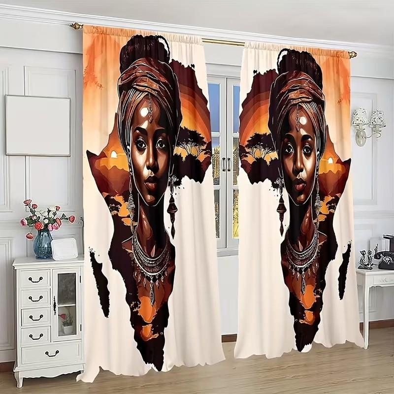 2 pieces, featuring tribal women patterns from Africa. Installed with pocket rods. Digital printed curtains, with filtering function to protect privacy. Suitable for living room, kitchen, bedroom, study, bathroom, hotel, restaurant, and home decoration.
