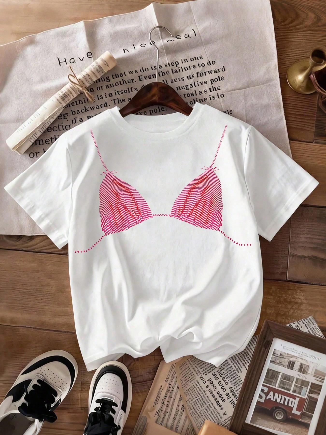 2026 Trending Women's Oversized 3D Bikini Print Graphic T-Shirt，Short Sleeve Crew Neck Funny Illusion Top，Y2K Retro Aesthetic Streetwear，Daily, Party, Vacation, Street Style - TikTok Viral Summer Outfits for Teen Girls & Young Women，Cute Novelty Graphic