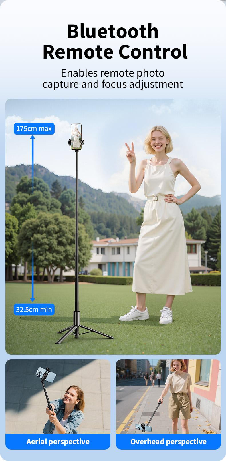 68inch Portable Selfie Stick Tripod,  Automatic Unfolding Design, One Click Open Tripod, 1.75m extendable selfie stick,  with bluetooth remote control for iPhone & Android