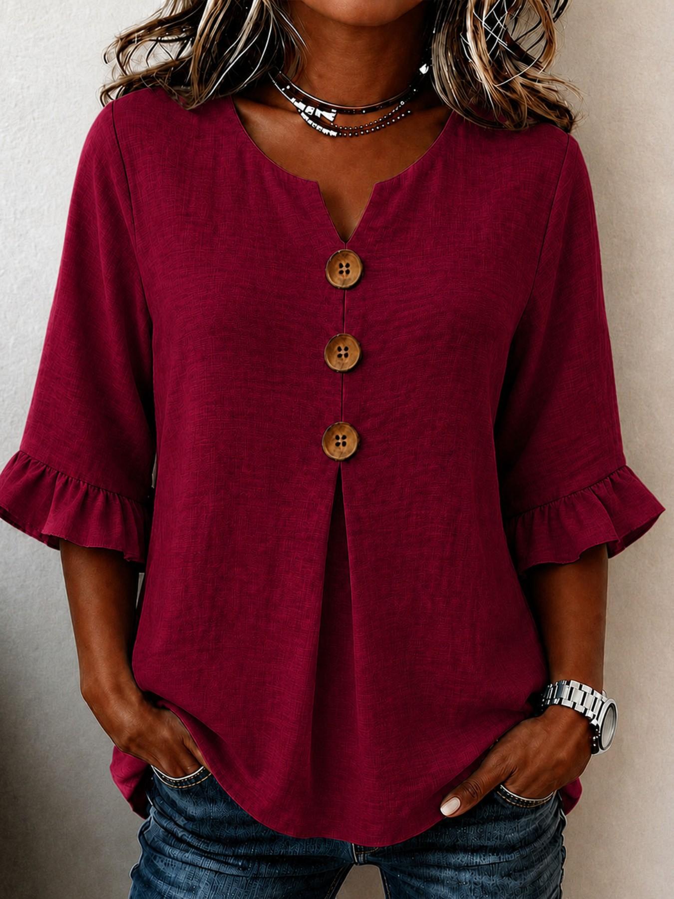 Women's Plus Size Solid V-Neck Shirt, Loose-Fitting Ruffle Sleeve Button-Up Top, Casual Vacation Wear, European and American Style