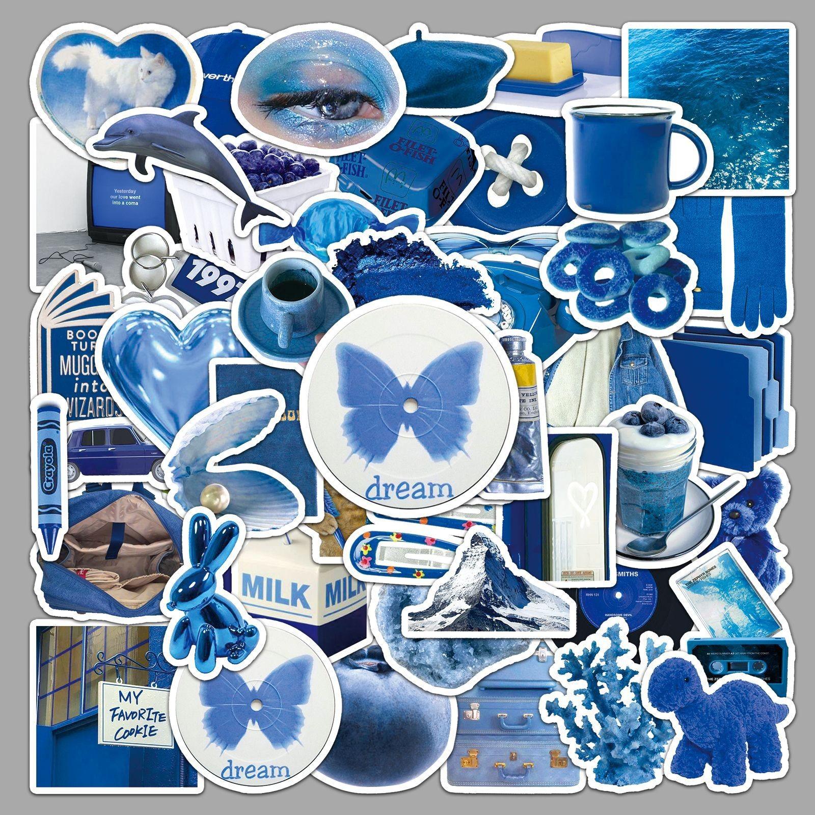 50pcs Blue Aesthetic Stickers, Y2K Blue Theme Waterproof Vinyl Decals, Cute Blue Stickers for Laptop, Water Bottle, Luggage, DIY Scrapbook, Journal