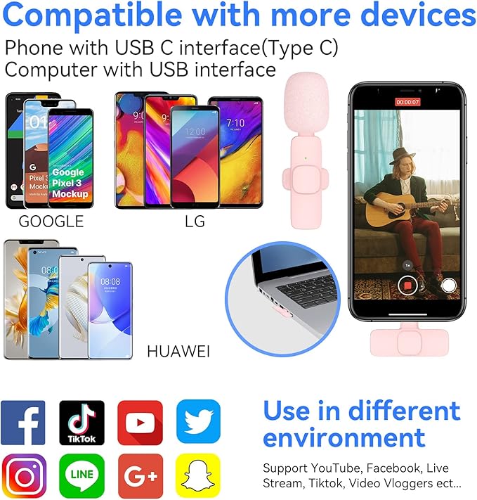 Wireless Lav Microphone for iPhone, iPad, Android, Camera, Mini Microphone, 7-Hour Battery, High Definition Sound Quality for Interview, Video Podcast, Vlog (Pink) Wireless Lav Microphone for iPhone, iPad, Android, Camera, Mini Microphone, 7-Hour Battery, High Definition Sound Quality for Interview, Video Podcast, Vlog (Pink)